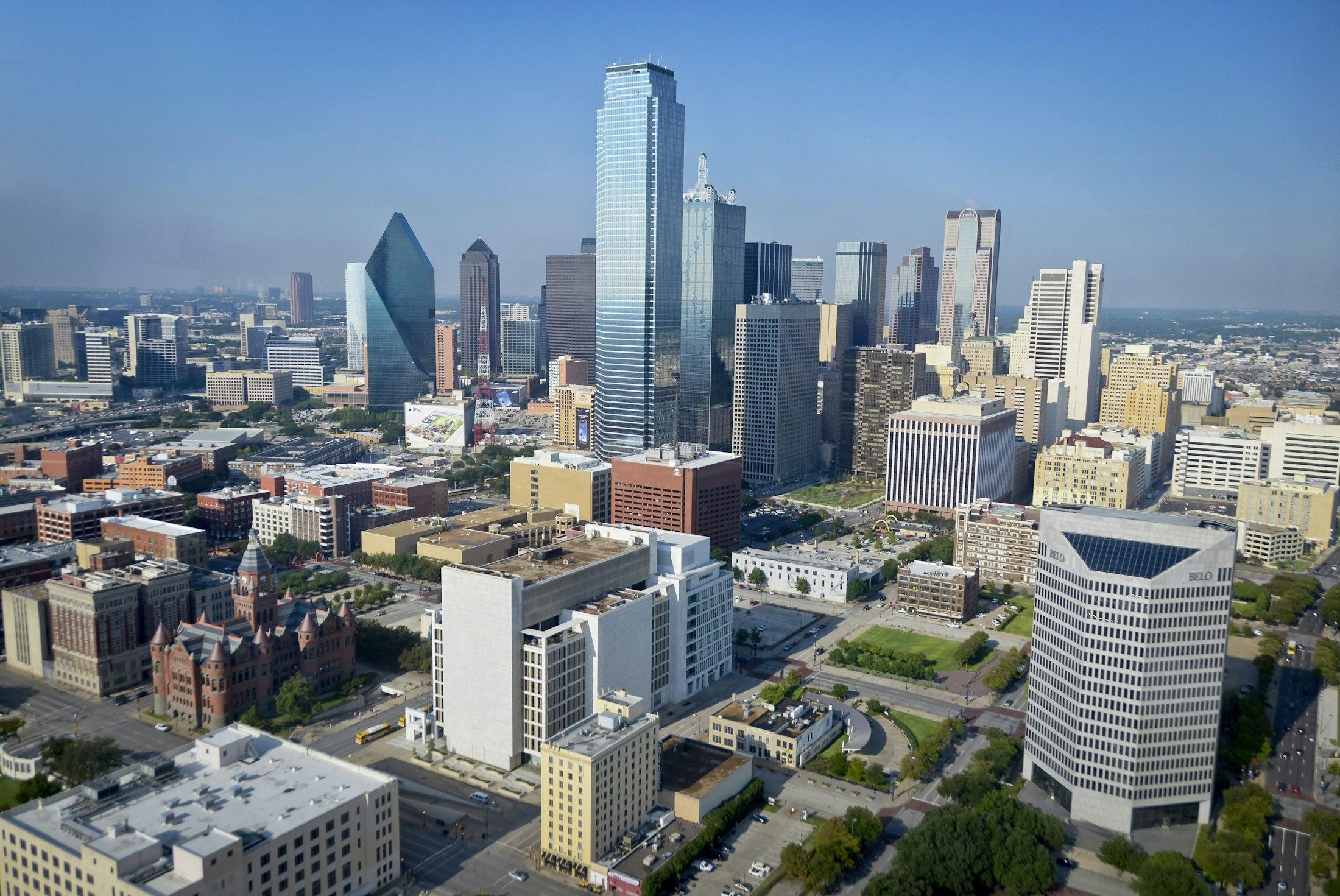 Downtown Dallas from above in afternoon light.